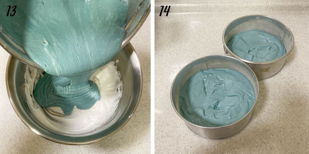 Pouring blue batter into a bowl of whipped egg whites and 2 round cake tins filled with blue cake batter.