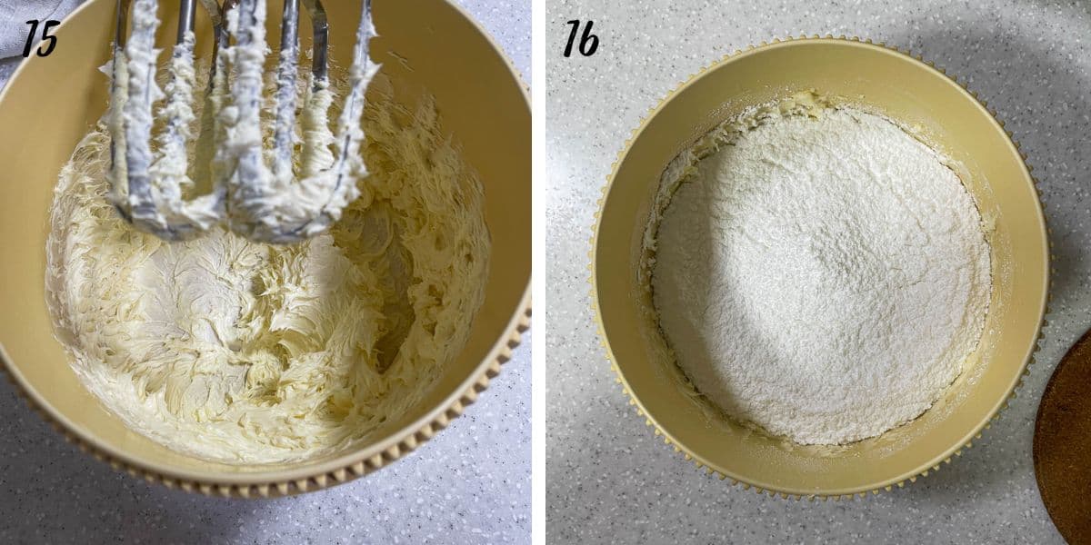A bowl of creamed mixture with the cake beaters lifted and a bowl of powdered sugar.