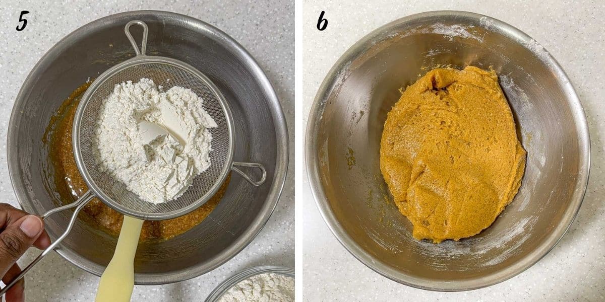 A sifter filled with flour held above a bowl of batter and a bowl of thick blondie batter.
