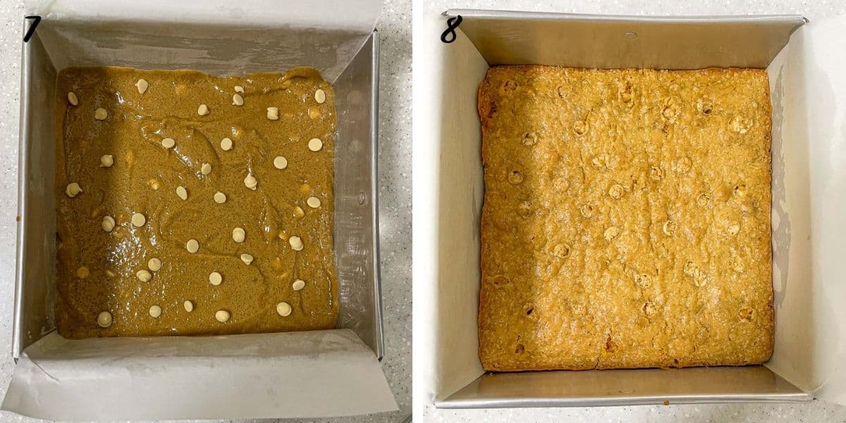 A square tin of blondies batter with white chocolate chips on top and a square tin of baked cookie butter blondies.