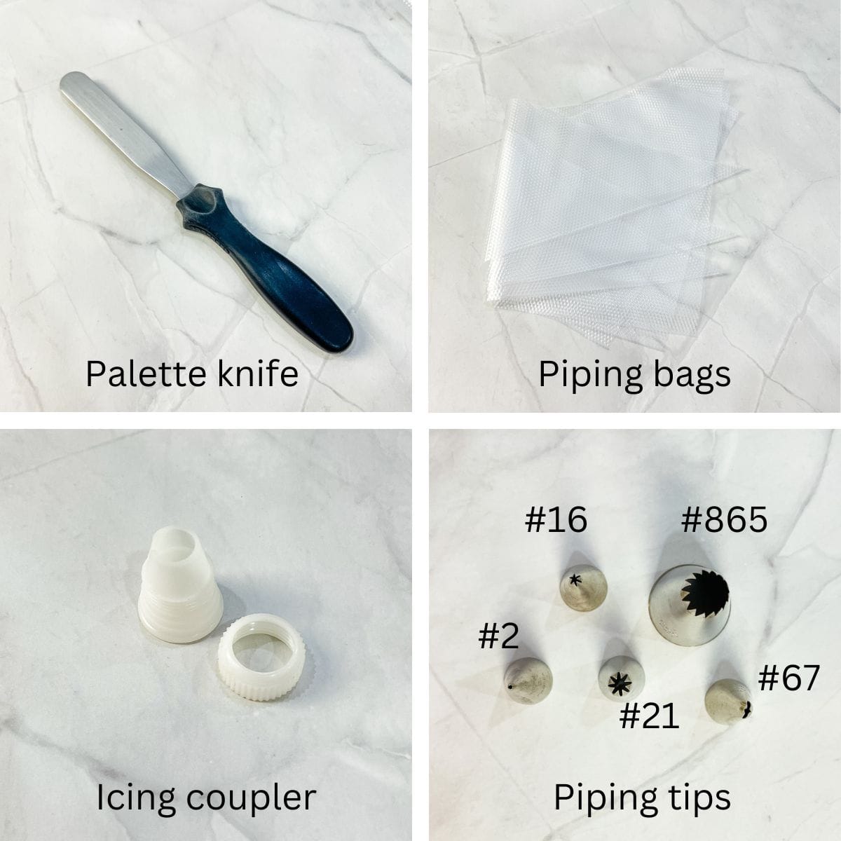 A poster of 4 images showing a palette knife, piping bags, icing coupler set and 5 piping tips.
