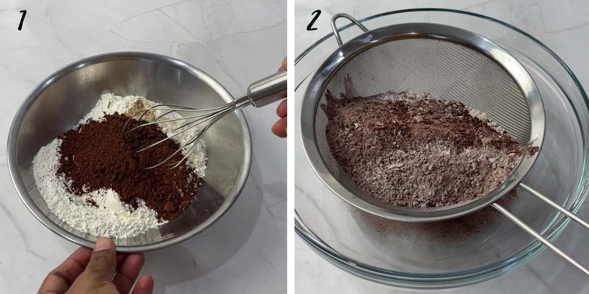 Using hand whisk to mix flour and cocoa powder and sifting flour and cocoa powder mixture into a large bowl.