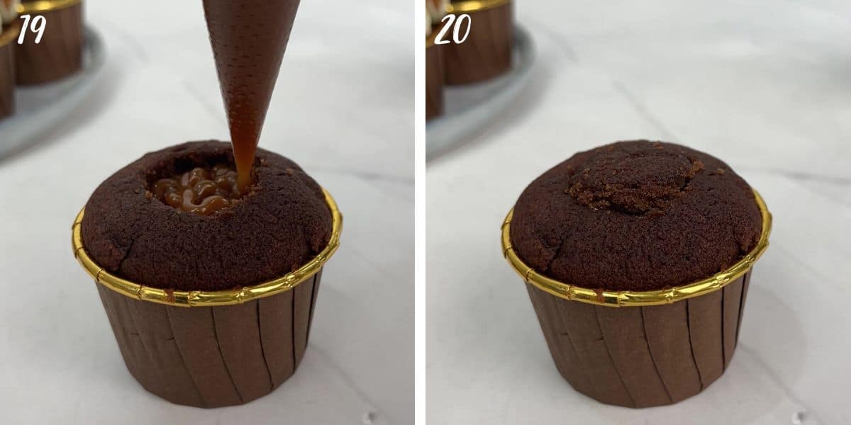 Filling a chocolate cupcake with caramel sauce and a chocolate cupcake.