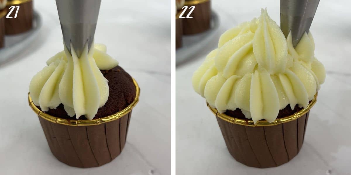 Piping icing on chocolate cupcakes.