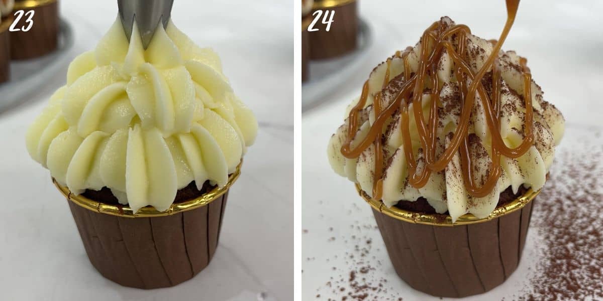 Piping a star on a cupcake and drizzling caramel sauce on a cupcake.