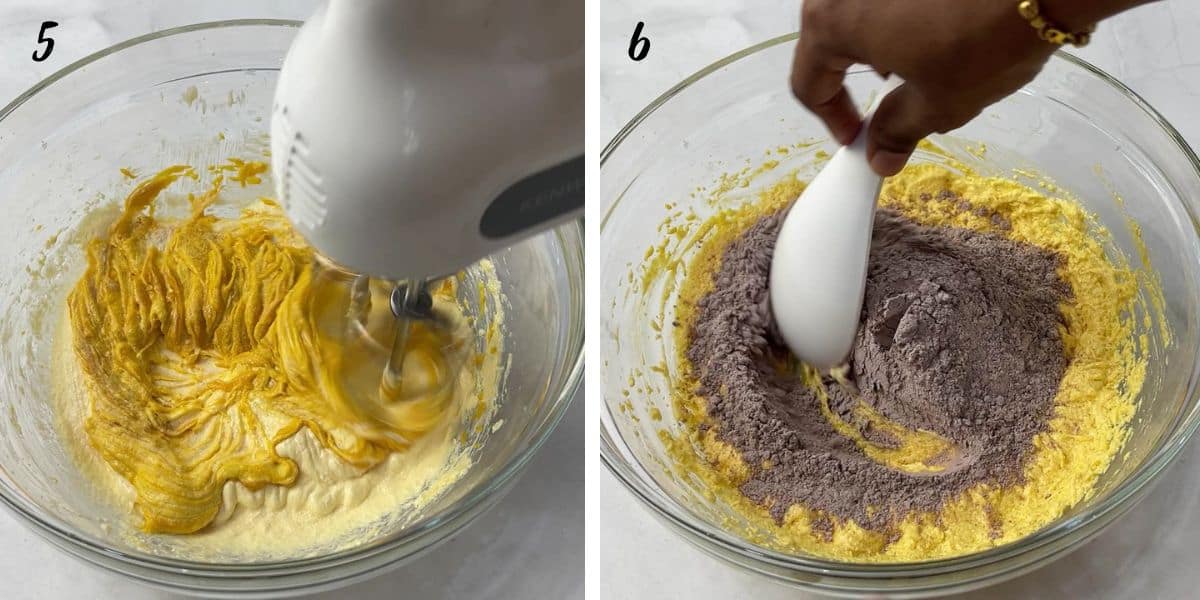 Creaming pumpkin puree into butter and sugar and folding flour into cake batter.
