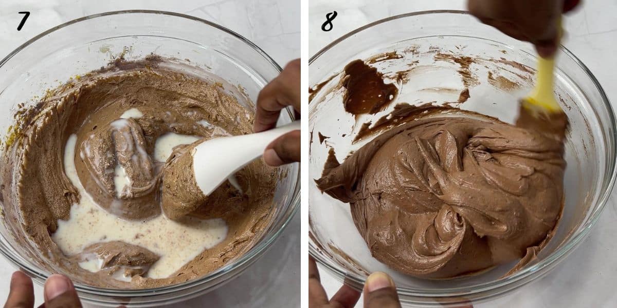 Folding milk into chocolate batter and mixing batter with a spatula.