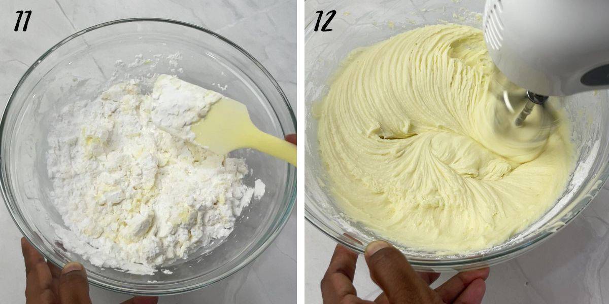 Mixing powdered sugar in a bowl with a spatula, and using a hand mixer to cream cheese and sugar.