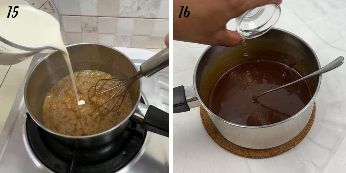 Stirring cream into caramel with a hand whisk, and adding salt into a pan of caramel sauce.