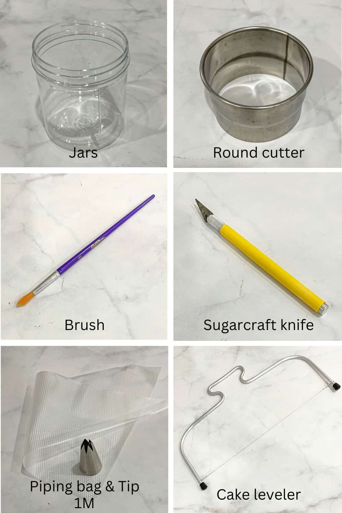 A round plastic jar, a round cutter, a brush, a sugarcraft knife, a piping bag and star tip and a cake leveler against marble background.