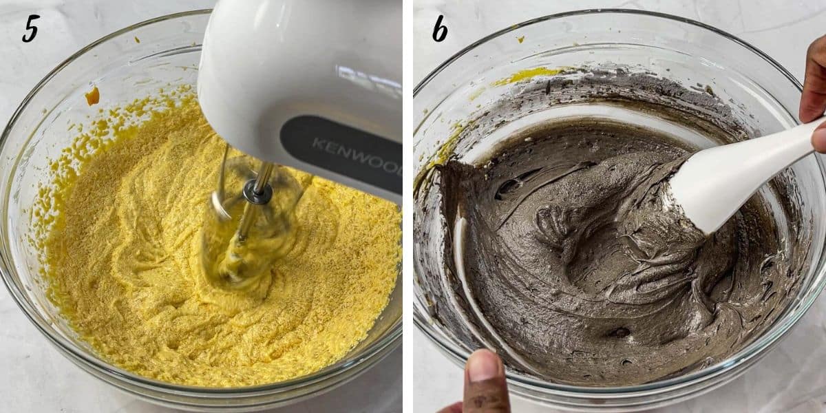 Mixing pumpkin puree into creamed mixture with a mixer and mixing chocolate batter with a spatula.