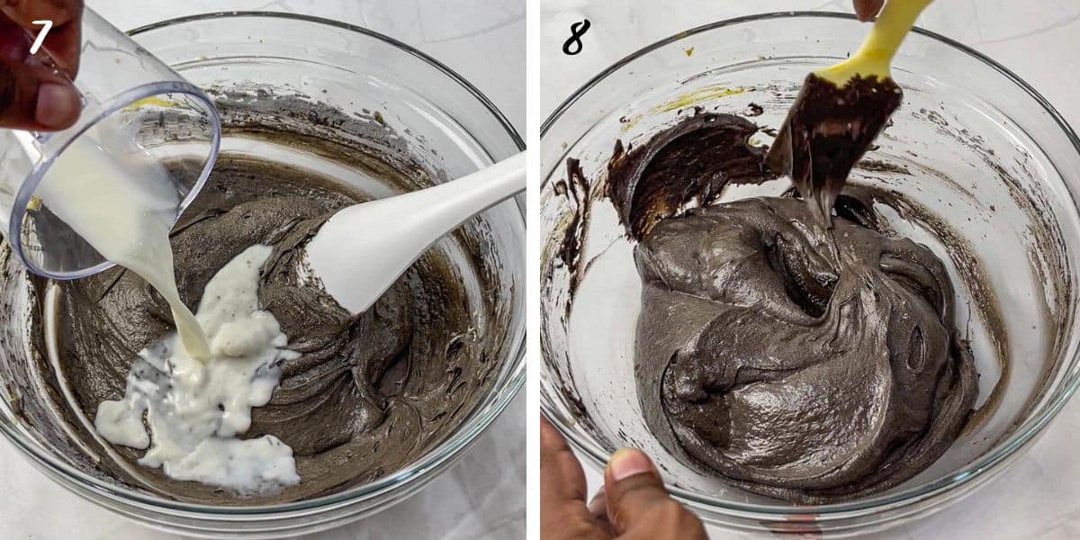 Pouring milk into a bowl of chocolate batter and mixing the batter with a spatula.