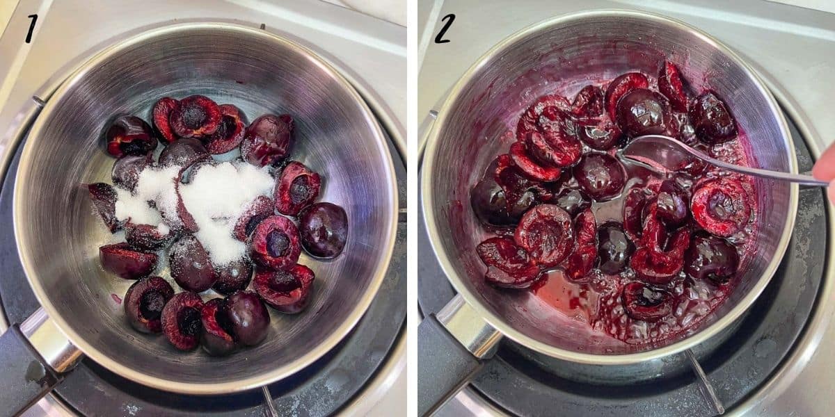 Pitted and halved cherries in a saucepan and using a spoon to stir cherries in a pan.
