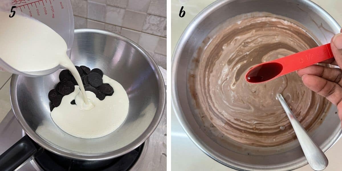 Pouring milk into a bowl of chocolate and a red spoon with vanilla extract being held over a bowl of liquid chocolate.