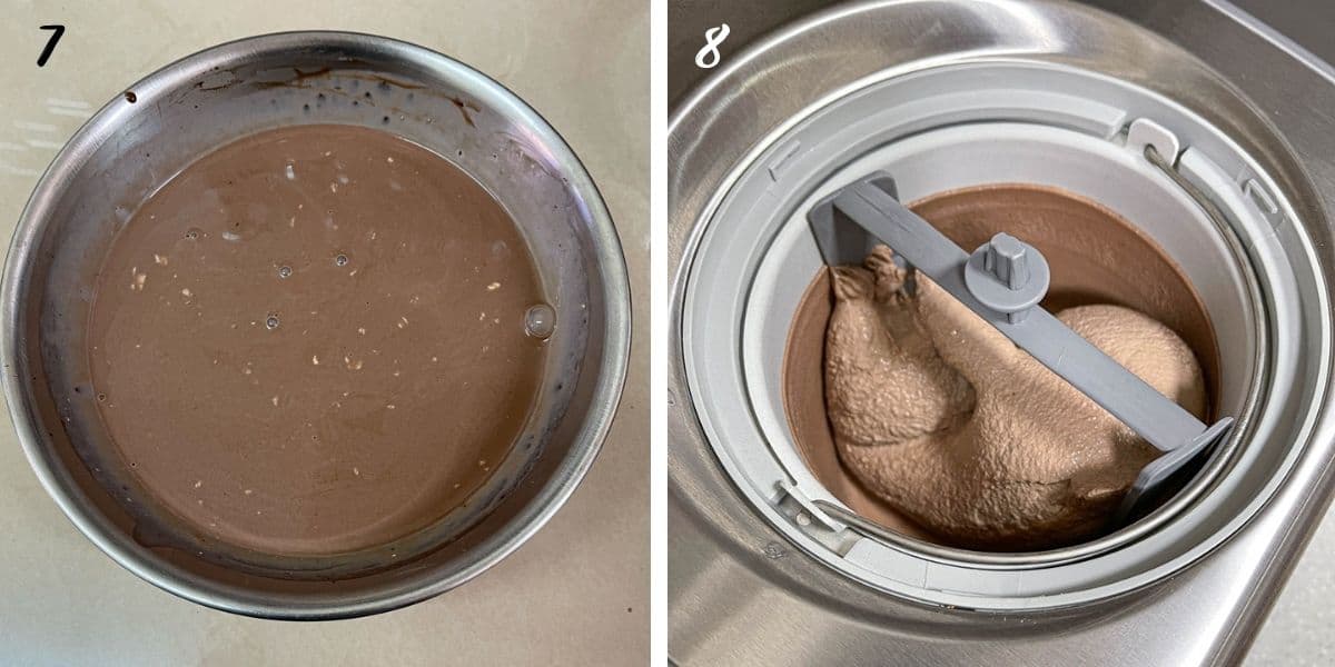 A bowl of chocolate solution and chocolate ice cream being churned in an ice cream machine.