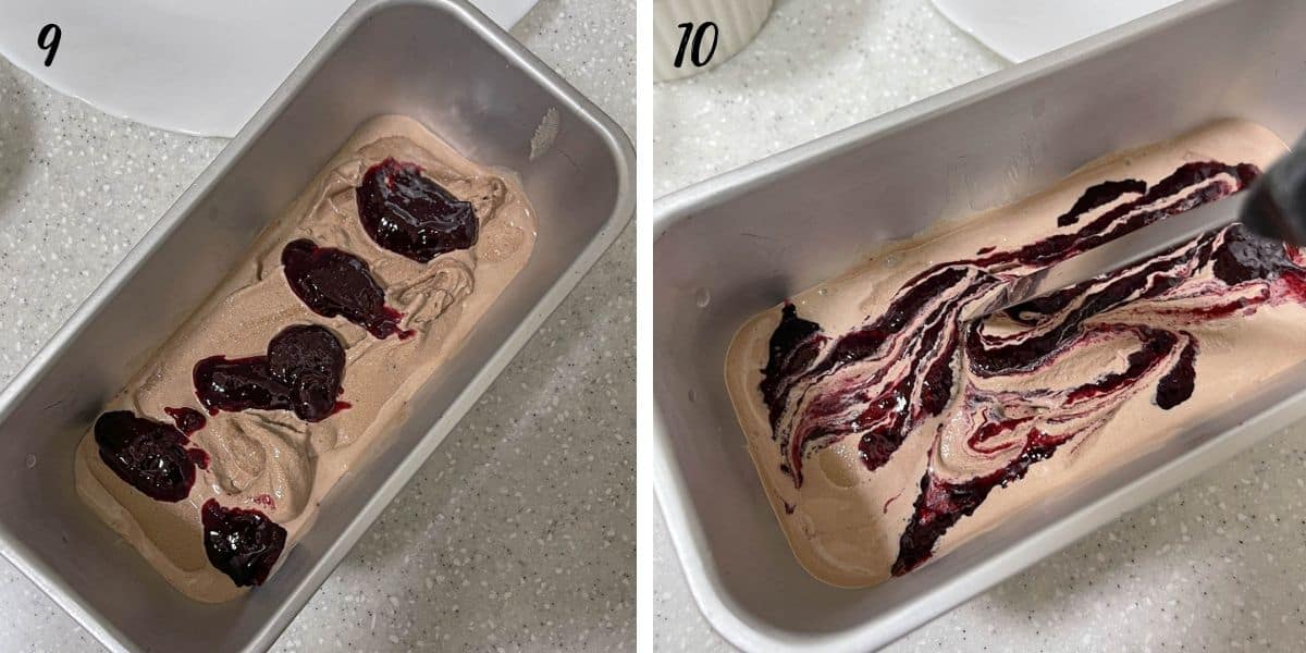 A rectangle tin with a layer of chocolate ice cream and cherry sauce on top and swirling cherry sauce into chocolate icing with a spatula.