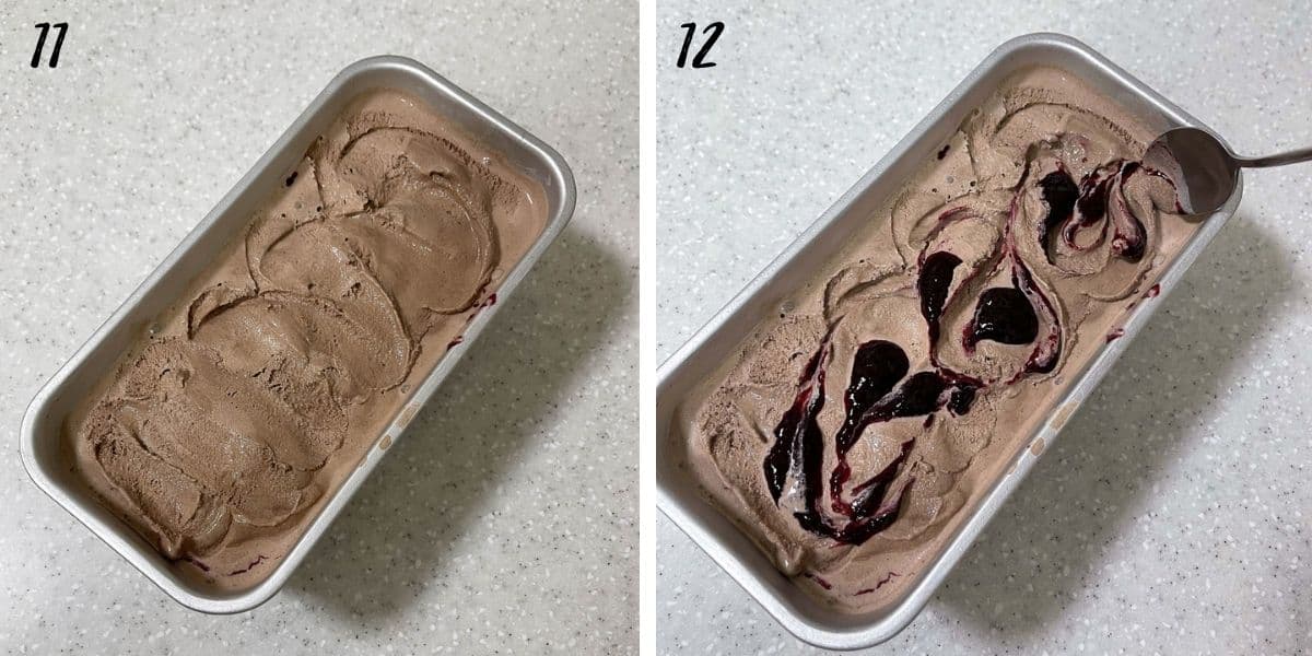 A rectangle tin of chocolate ice cream and using a spoon to swirl cherry sauce onto chocolate ice cream.