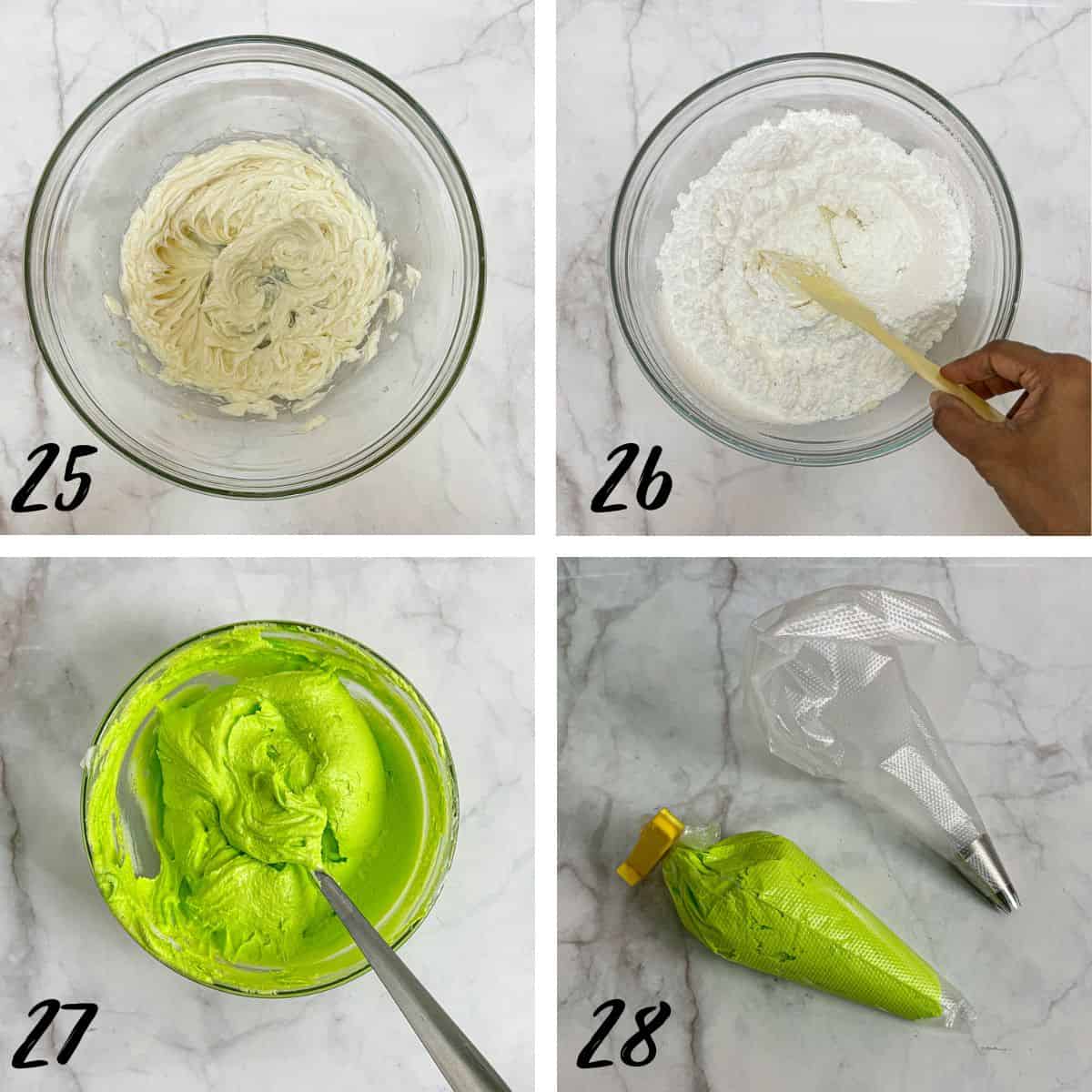 A poster of 4 images with whipped butter, mixing powdered sugar in a bowl, a green tinted buttercream bowl and green icing in a piping bag with another empty piping bag fitted with a tip on the side.