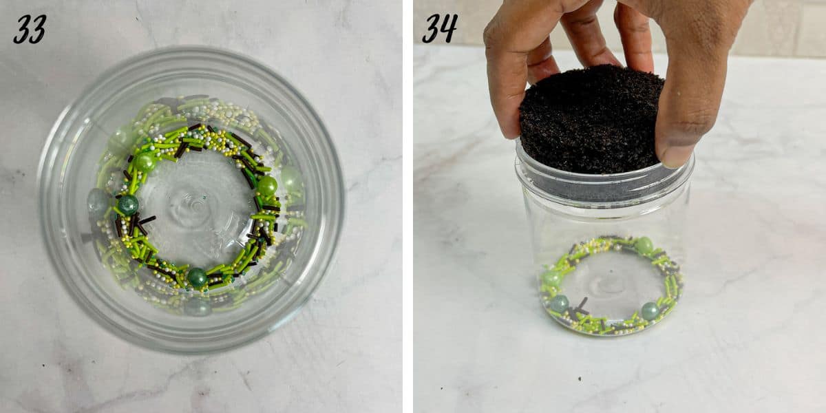 Sprinkles at the bottom of a cake jar and using fingers to push a round cake piece into a jar.