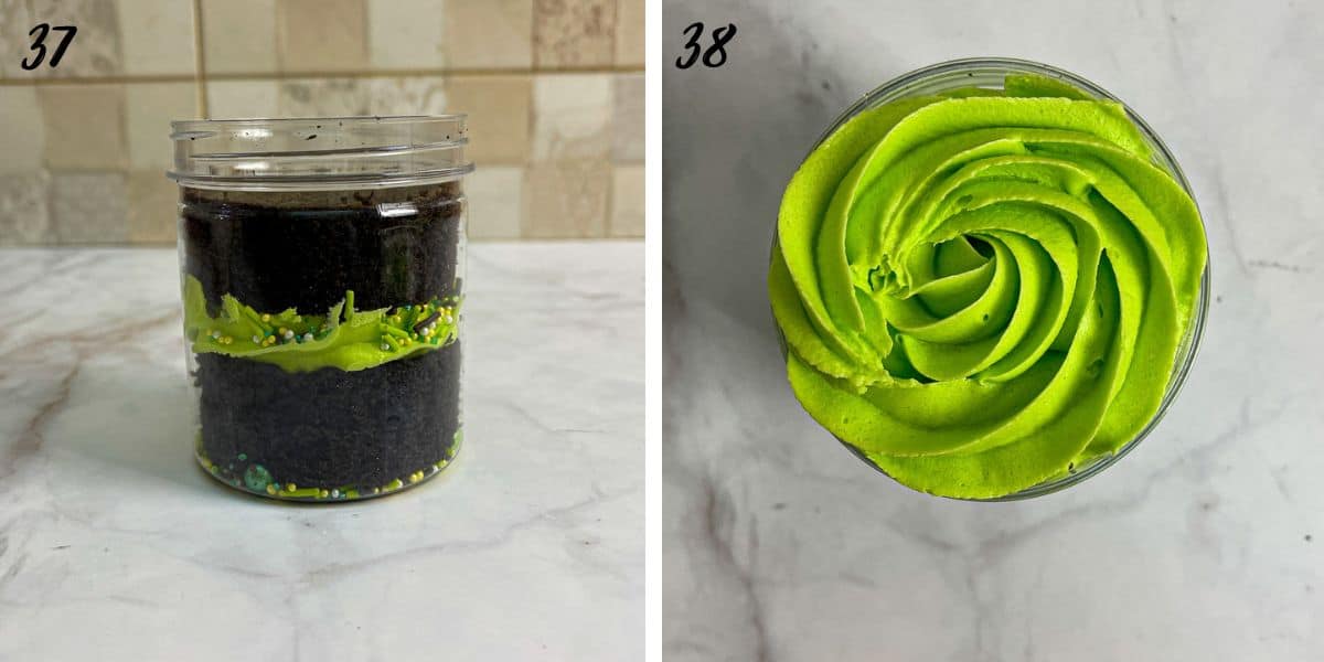 A round jar with 2 layers of chocolate cake with green buttercream in between and green buttercream swirl.