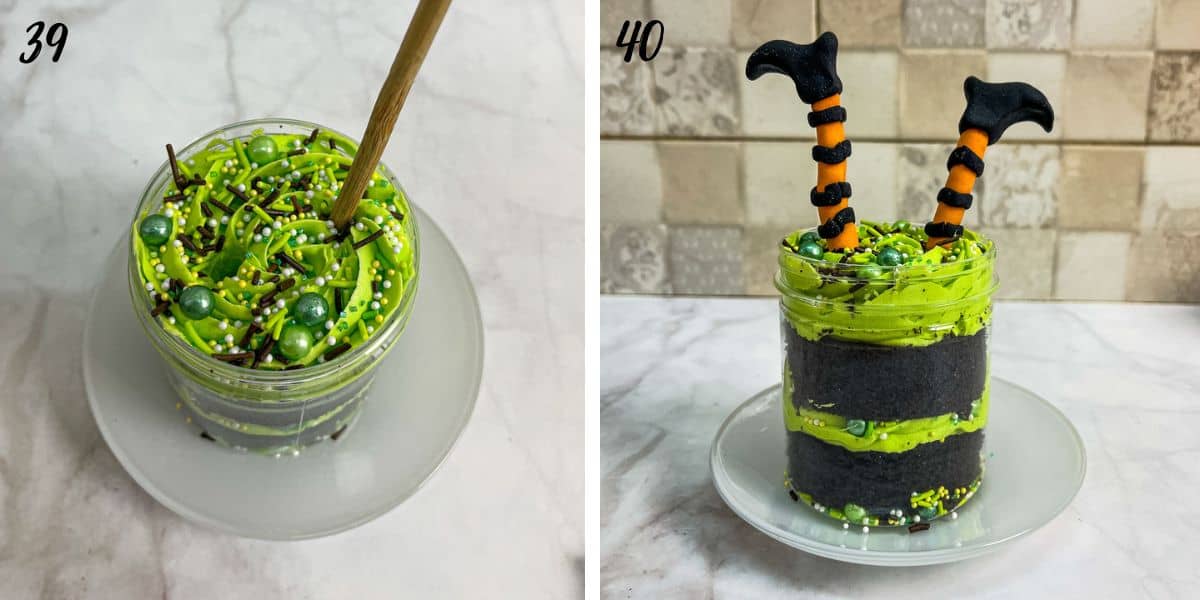 A cake jar with green buttercream swirl and sprinkles on top, and a cake jar with chocolate cake, green buttercream and 2 fondant witch legs in orange and black poked into the cake.