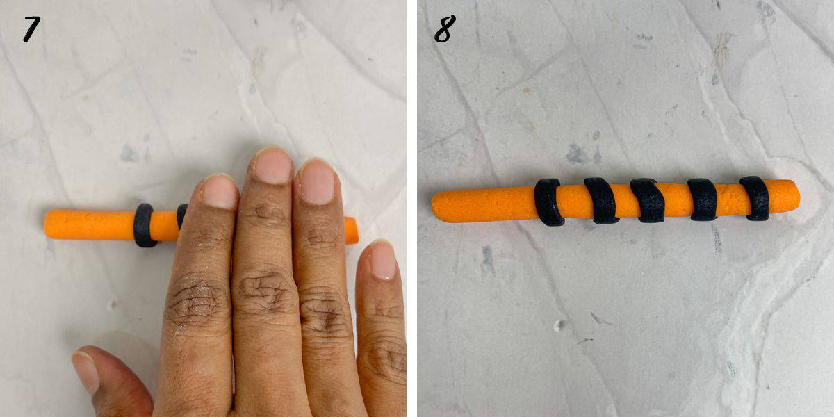 Rolling orange fondant with fingers on a marble surface, and a long strip of orange fondant with black stripes.