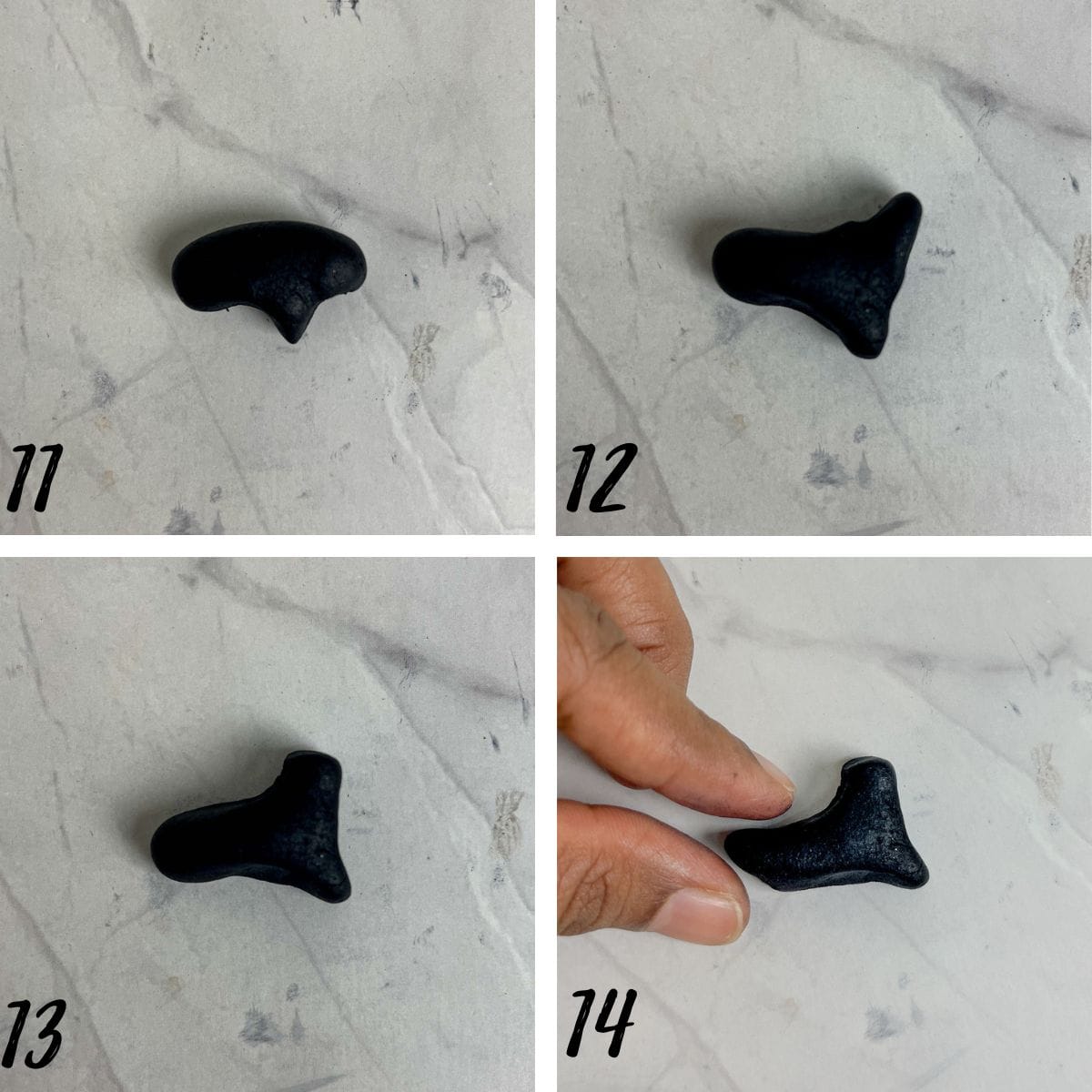 A poster of 4 images of shaping a fondant shoe by hand.