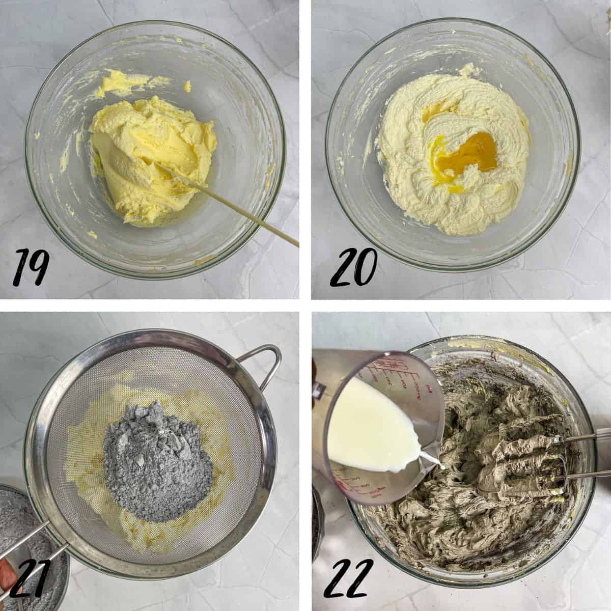 A poster f 4 images with creamed butter and sugar in one bowl, creamed butter and sugar and egg in another bowl, a sifter filled with flour and cocoa powder on top of a bowl, and pouring milk into a chocolate cake batter.