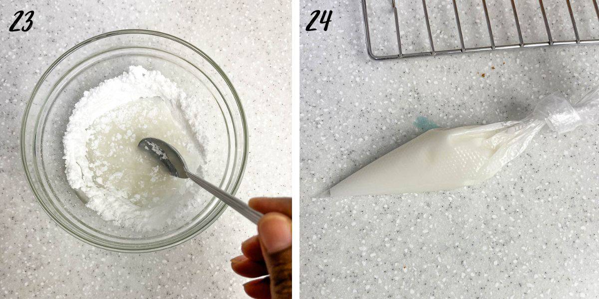 Mixing powdered sugar and water in a glass bowl, and glaze icing in a piping bag.