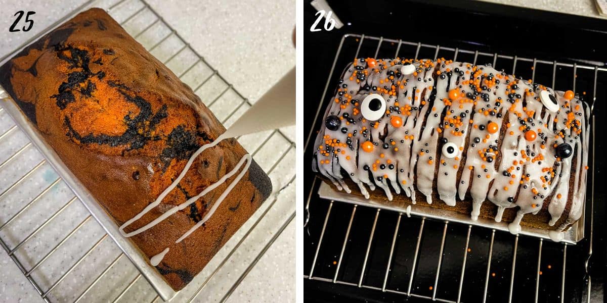 Piping white glaze icing onto a loaf cake and a loaf cake with white glaze icing and orange, black and eyeball candy sprinkles.