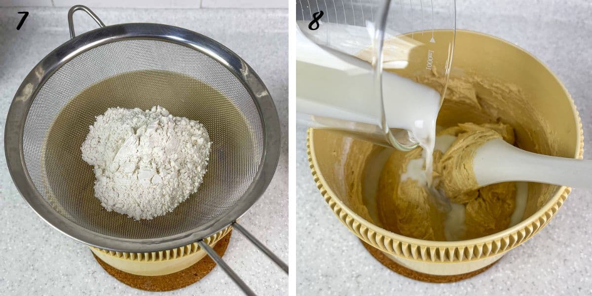 A sift with flour on a bowl and pouring milk into a bowl.