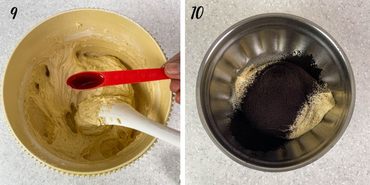 A spoon of vanilla extract held above a bowl of creamed mixture and a bowl of cake batter with sifted cocoa powder on top.