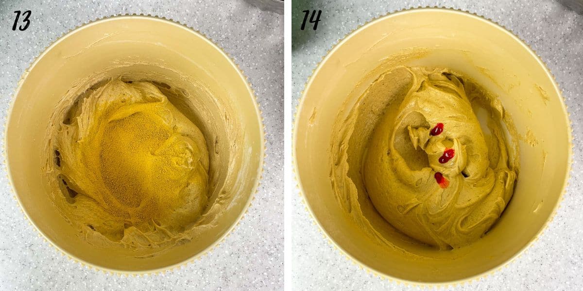 2 bowls of yellow cake batter, one with pumpkin powder and one with drops of orange food coloring.