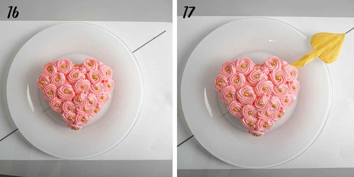 Two plates of pink heart cakes on white plates with lined paper underneath.