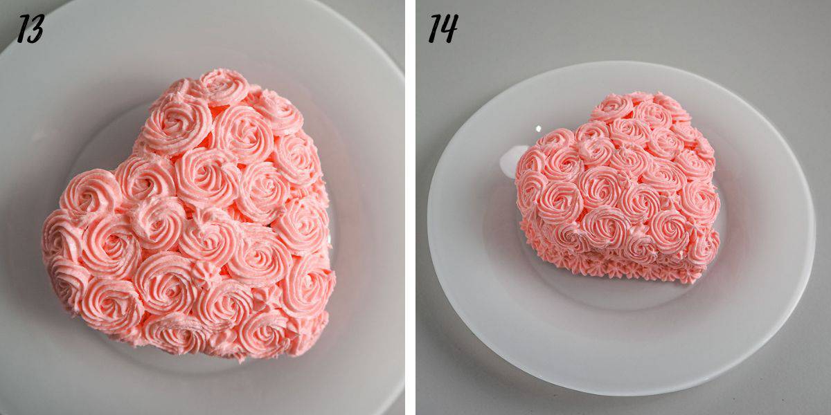 Two plates of pink heart cakes on white plates.