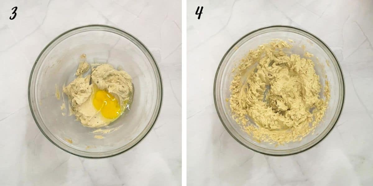 A bowl of creamed mixture with an egg in the center and a bowl of creamed mixture.