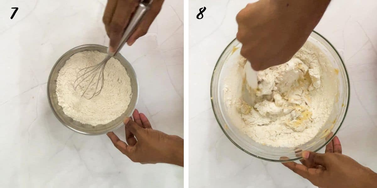 Mixing flour with a hand whisk and mixing cake batter with a spatula in a glass bowl.