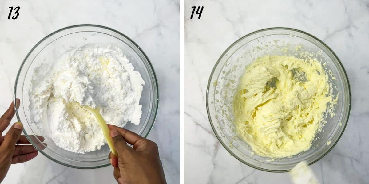 Mixing sugar in a bowl with a spatula and a bowl of whipped frosting.