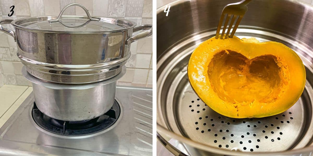 A steamer pot on stove and using a fork to piece the flesh of pumpkin in a steamer pot.