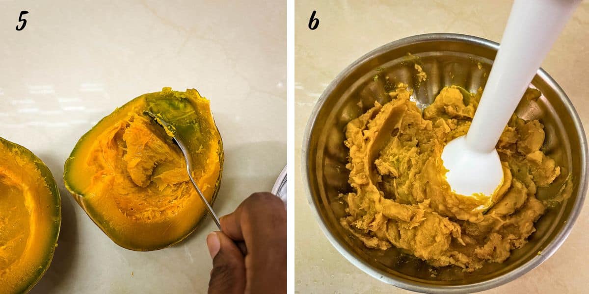Using a spoon to scoop pumpkin flesh and using a immersion blender to puree cooked pumpkin.