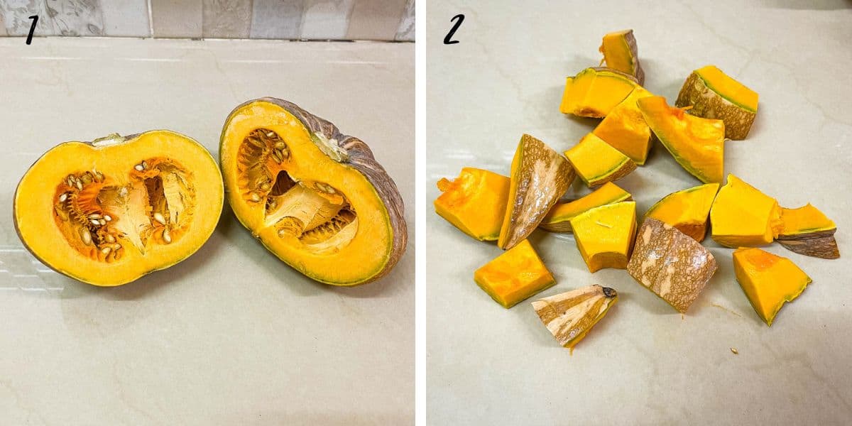 A pumpkin cut into half and chopped pumpkin with skin.