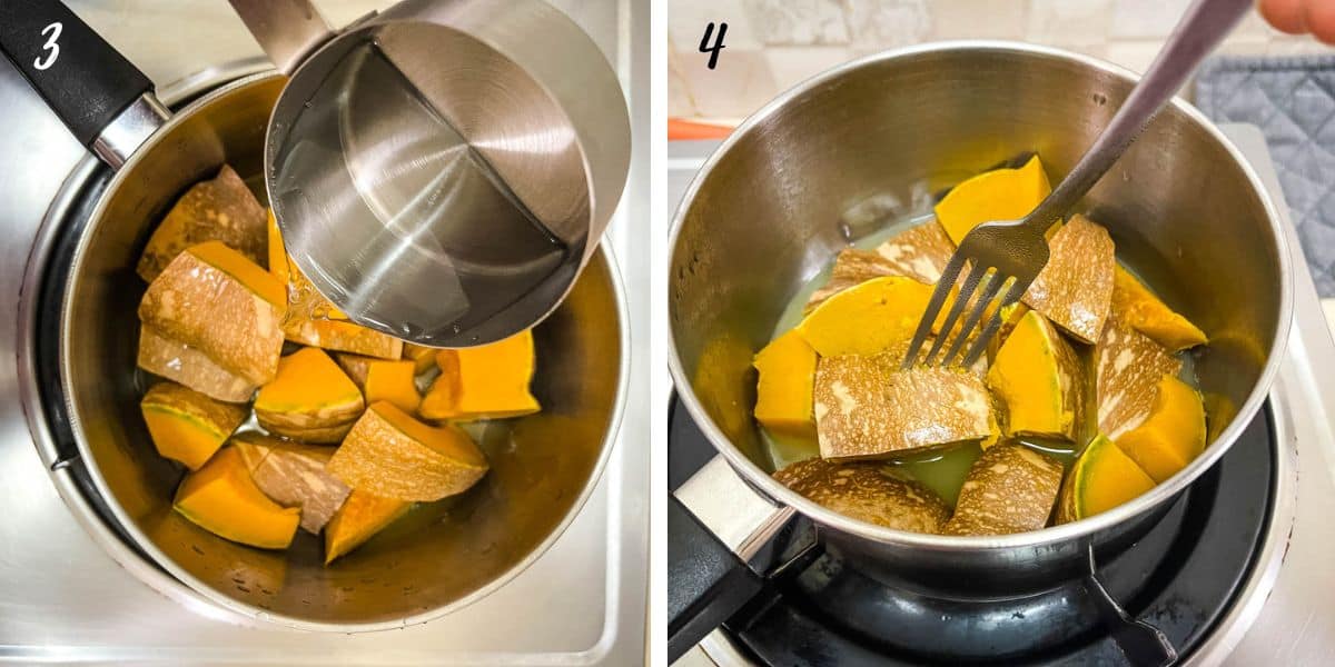 Pouring water into a pan of pumpkin and using a fork to piece through a pumpkin piece in a pan.