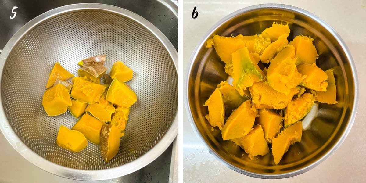 Cooked pumpkin pieces with skin in a colander and a bowl of cooked pumpkin flesh without skin.