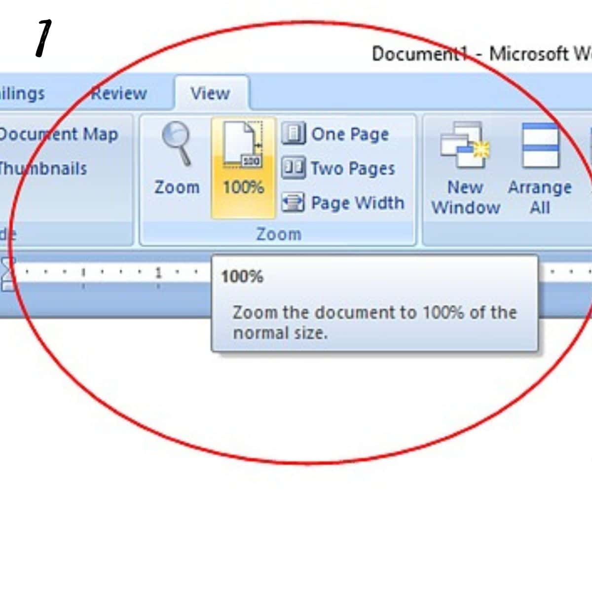Screen shot for choosing 'view' tab in Microsoft Word document.