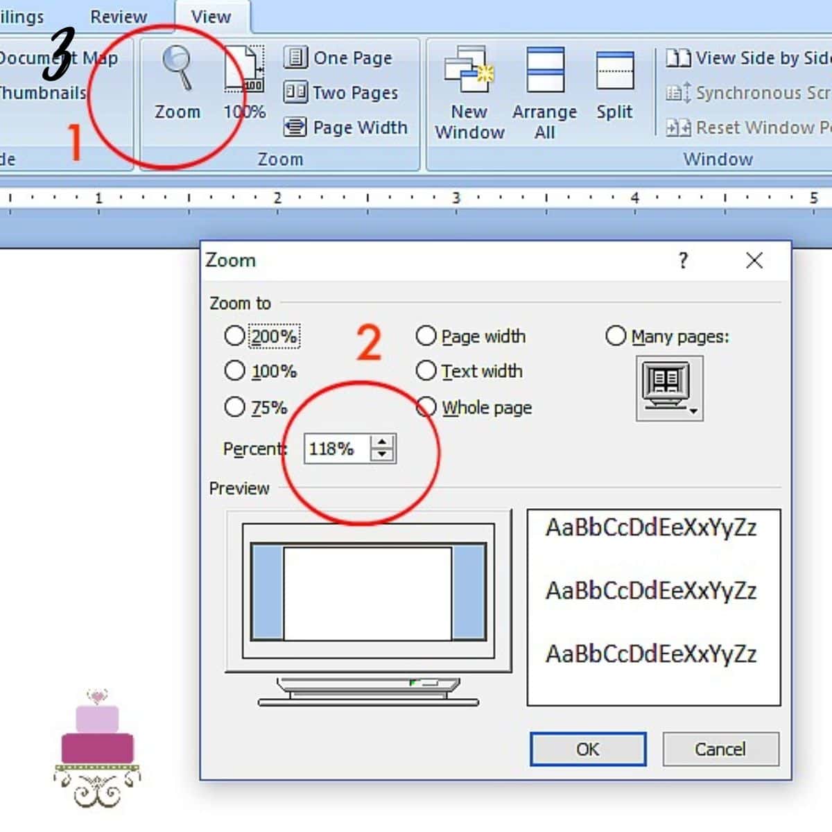 Screen shot for choosing 'zoom' for fonts on Microsoft Word document.