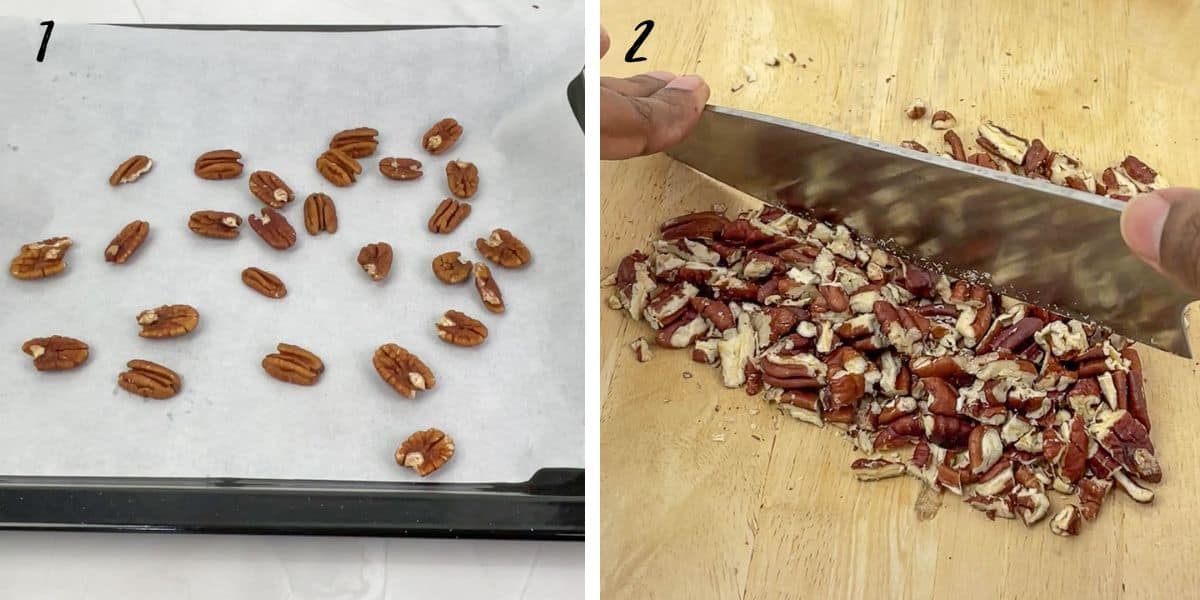 A pan of pecan nuts and chopping pecan nuts with a knife on a brown chopping board.