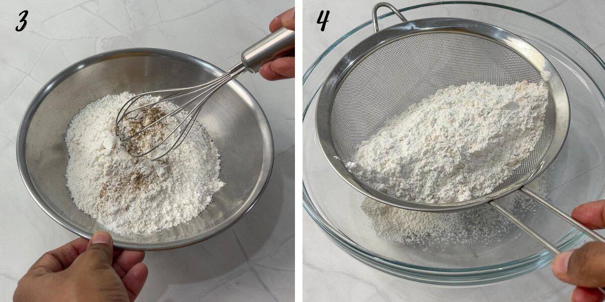 Mixing flour with a hand whisk and sifting flour into a large bowl.