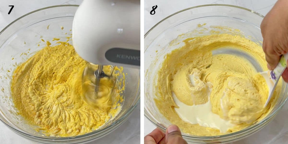 Mixing pumpkin puree into a bowl of creamed mixture with a cake mixer and folding milk into batter with a spatula.