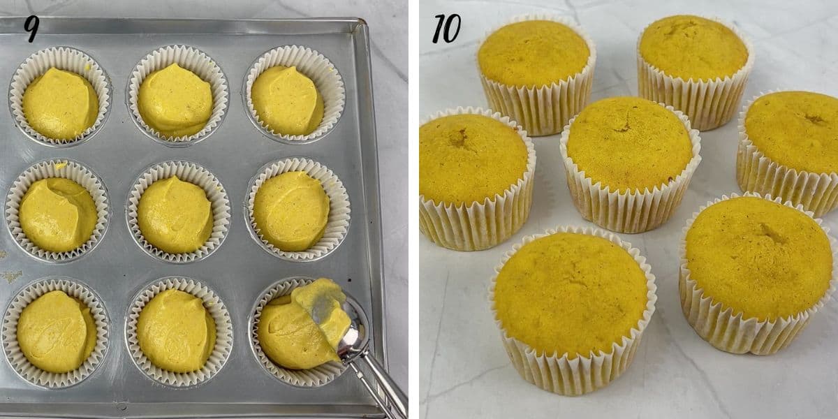 Filling yellow batter into white cupcake liners in a cupcake tin and baked pumpkin cupcakes on a white table.