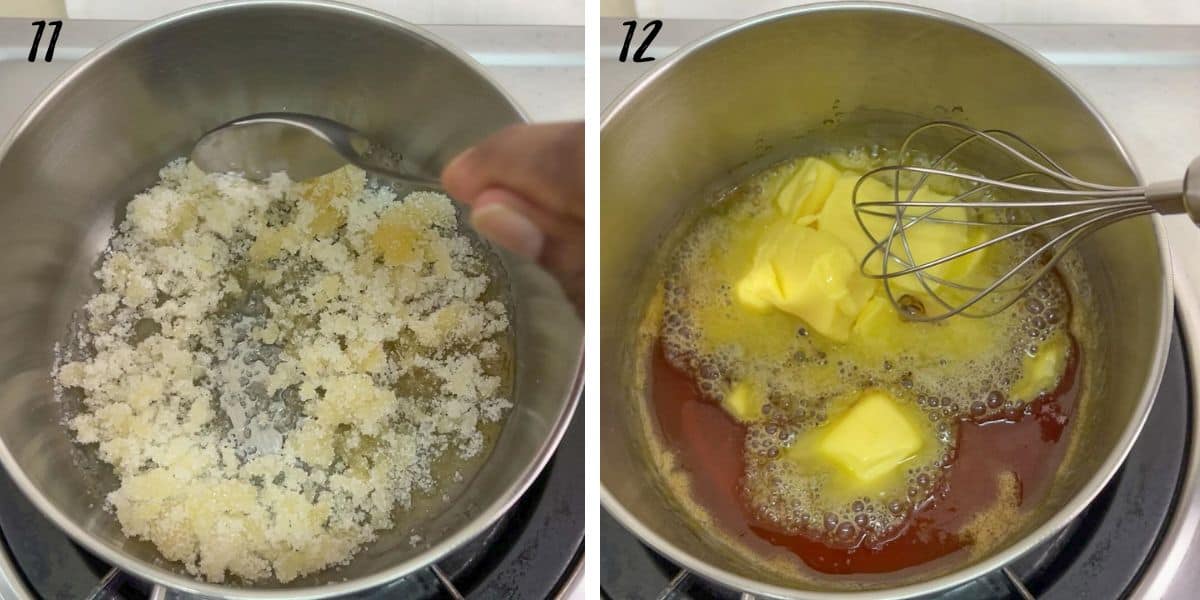 Stirring sugar in a saucepan with a spoon and mixing butter in a pan of brown liquid with a hand whisk.